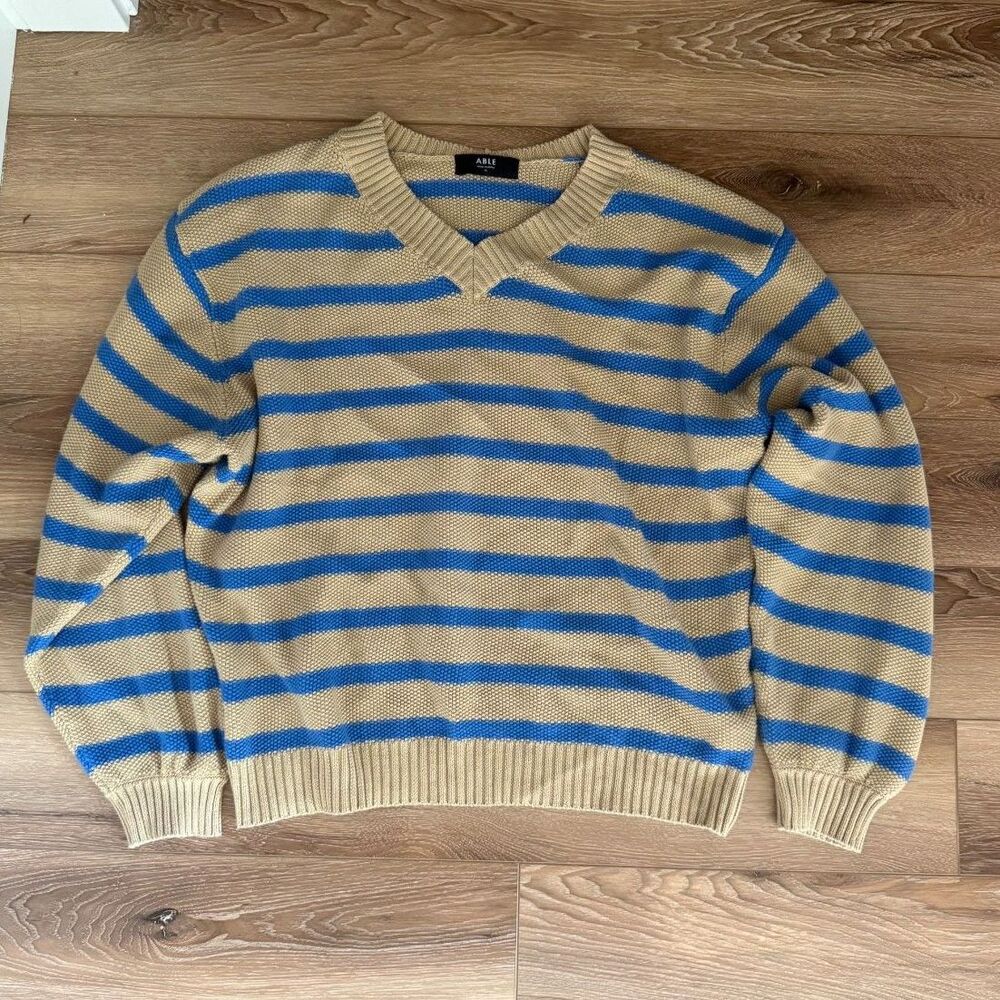 ABLE Striped V-Neck Sweater | 100% Organic Cotton | Tan & Blue Stripe | Size XL